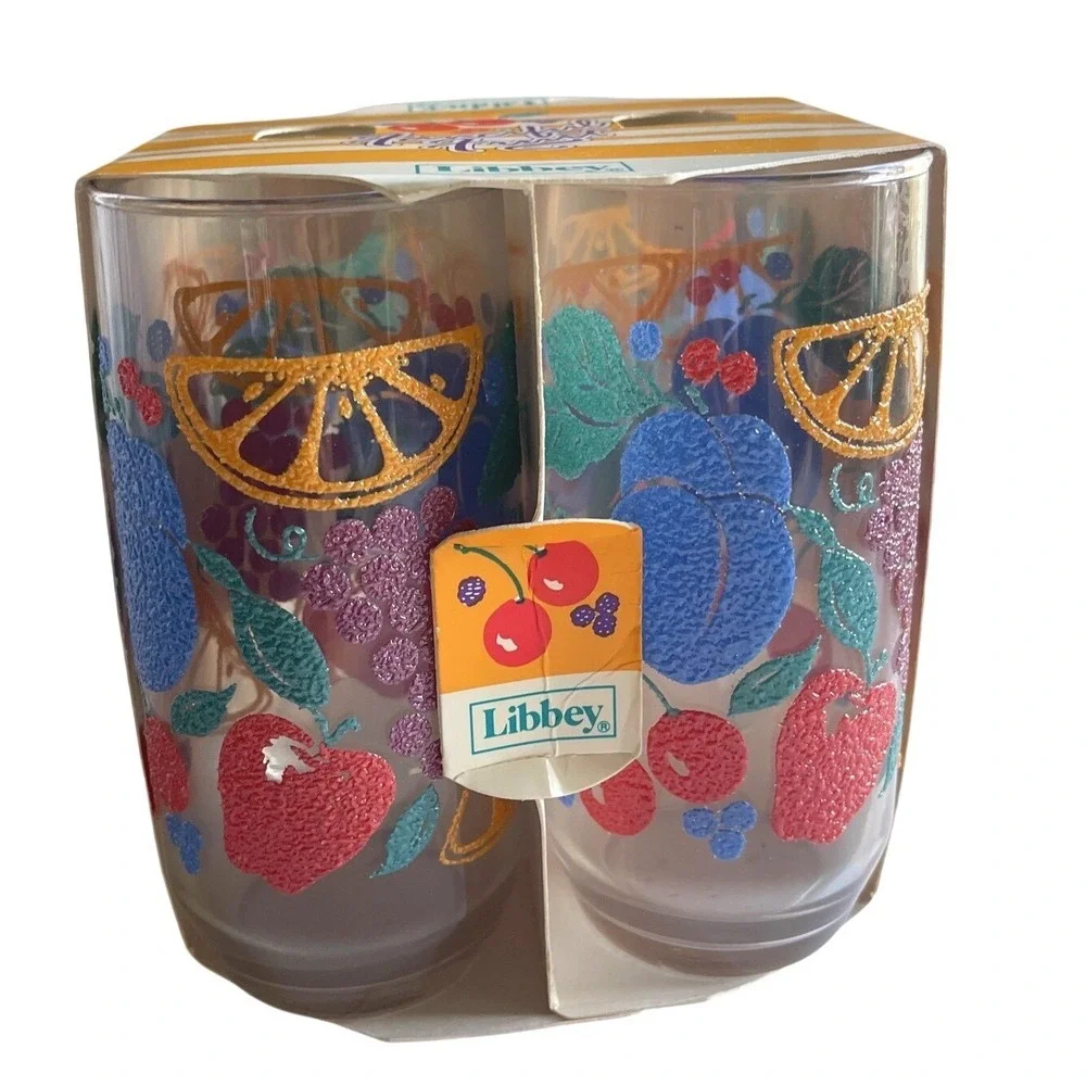 4 Vtg Libbey‎ Fanciful Fruit Drinking Glasses 17oz USA  Texture Summer Berry 80s